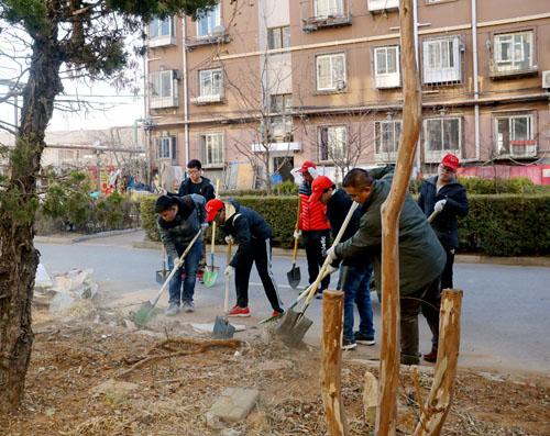 大学生志愿者在老旧小区参与环境整治